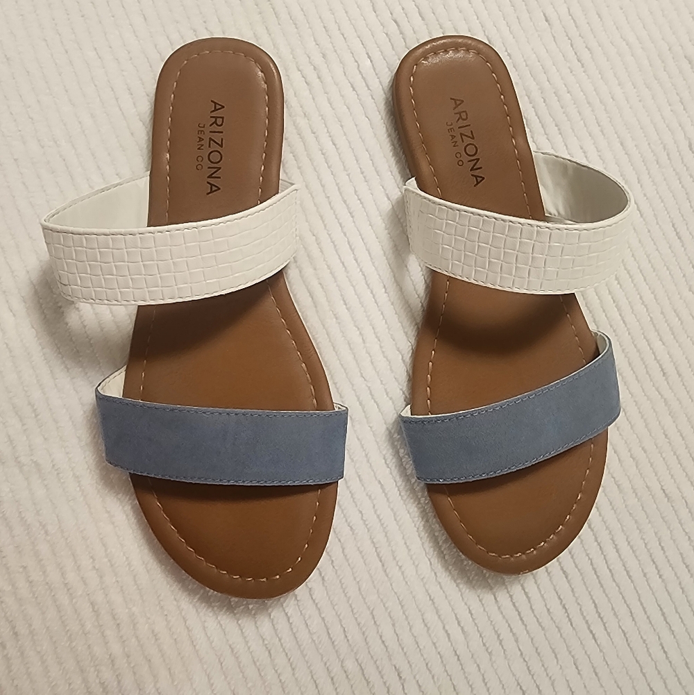 Arizona Jean Company White and Blue Double-Strap Slide Sandals